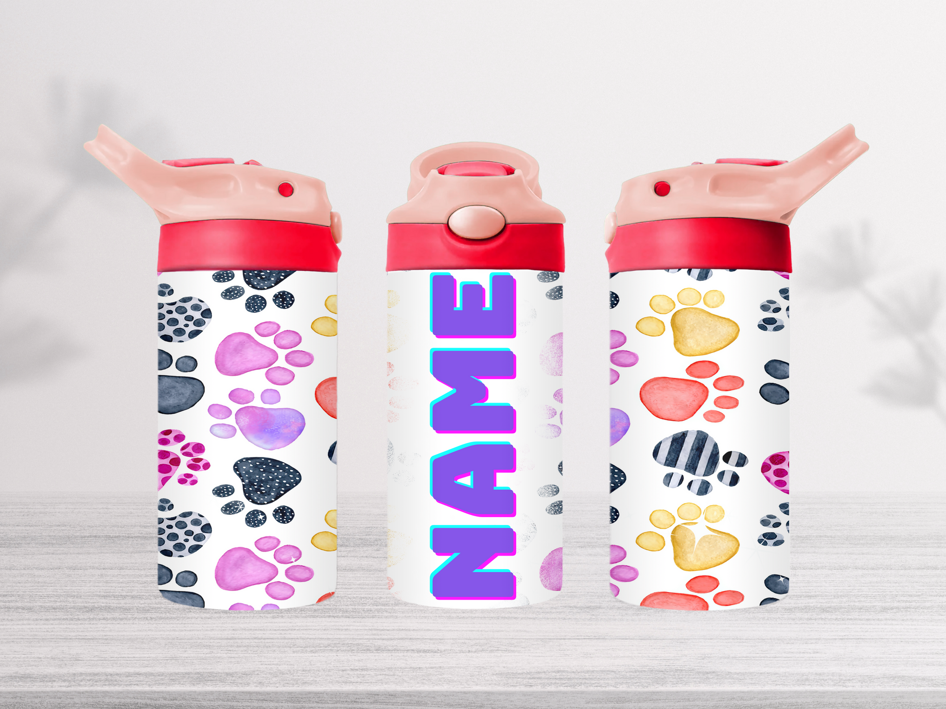 12oz-kids-flip-top-drink-bottle-insulated-water-bottle-drink-bottle-Paws-TR-collective-pink-red-add-name-lid-front