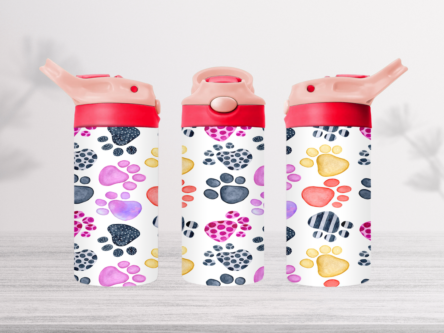 12oz-kids-flip-top-drink-bottle-insulated-water-bottle-drink-bottle-Paws-TR-collective-pink-red-lid-front