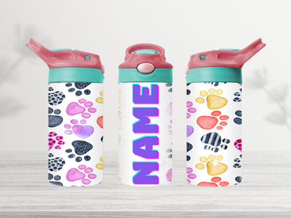 12oz-kids-flip-top-drink-bottle-insulated-water-bottle-drink-bottle-Paws-TR-collective-red-green-add-name-lid-front