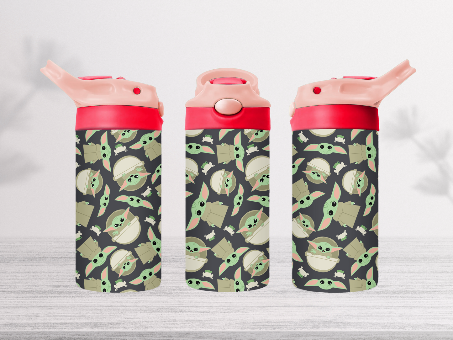 12oz-kids-flip-top-drink-bottle-insulated-water-bottle-drink-bottle-baby-yoda-TR-collective-pink-red-lid-front