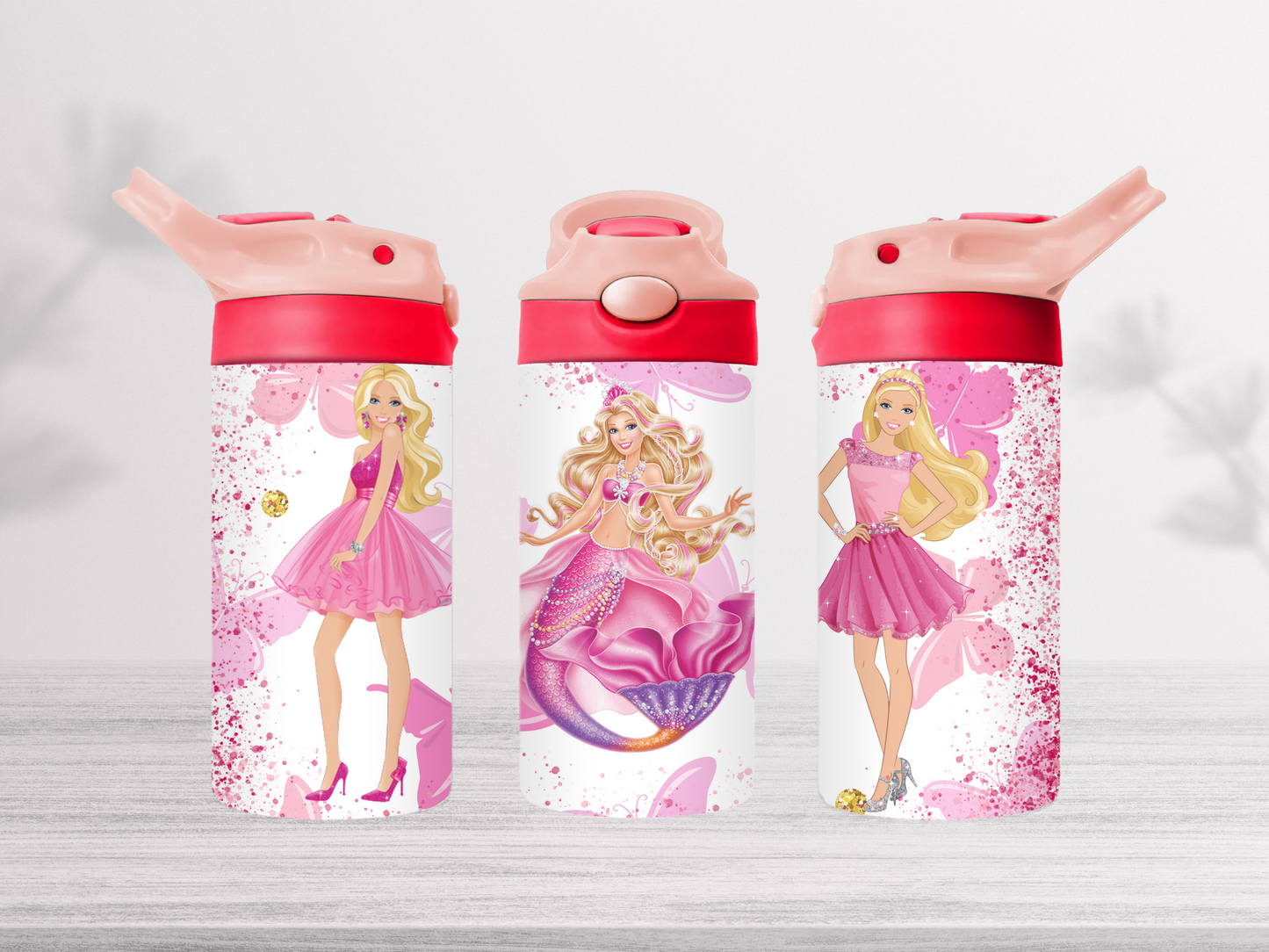 12oz-kids-flip-top-drink-bottle-insulated-water-bottle-drink-bottle-barbie-mermaid-TR-collective-pink-red-lid-front