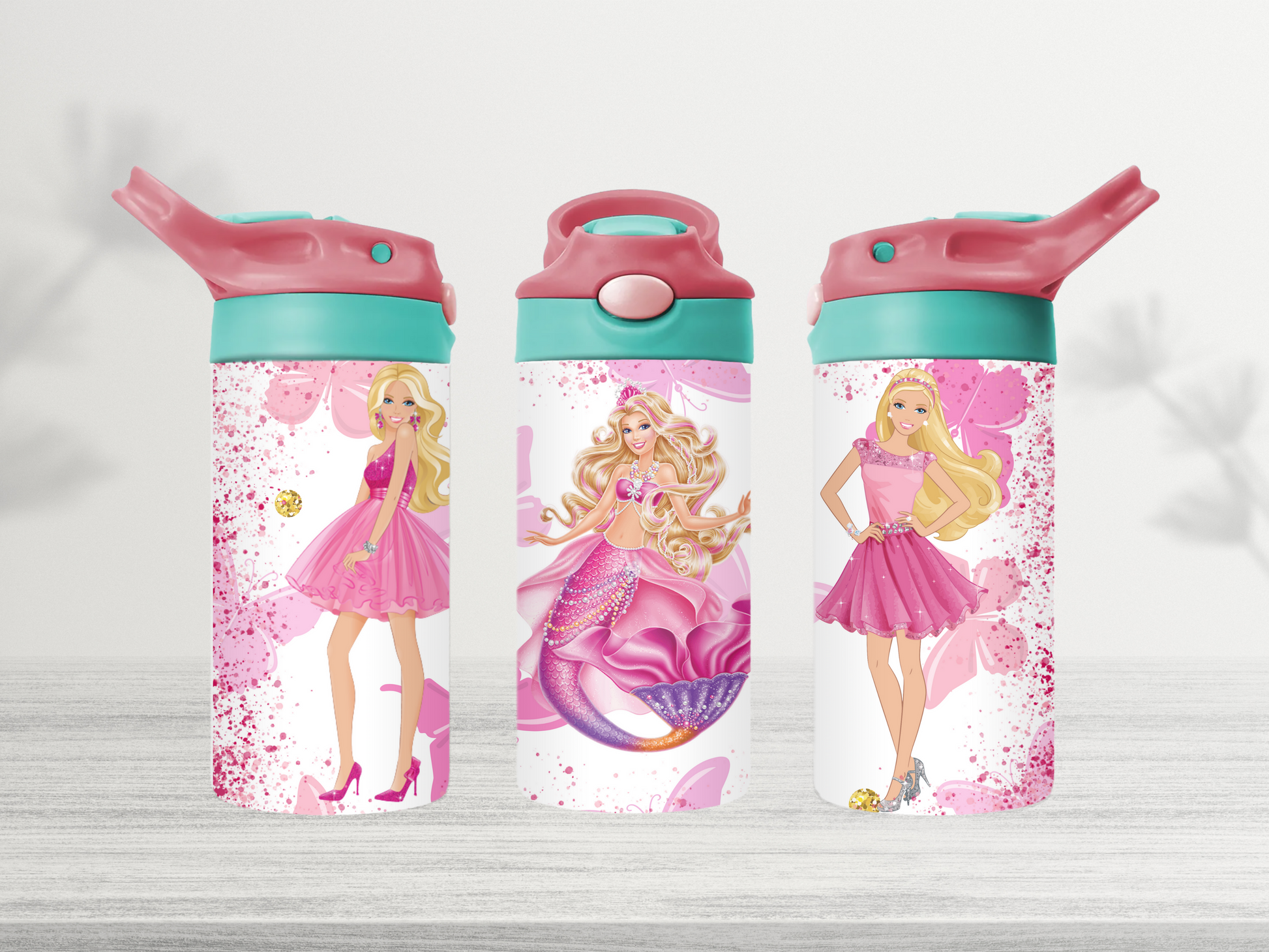 12oz-kids-flip-top-drink-bottle-insulated-water-bottle-drink-bottle-barbie-mermaid-TR-collective-red-green-lid-front