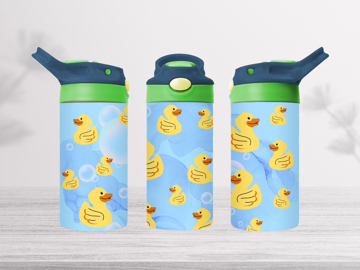 12oz-kids-flip-top-drink-bottle-insulated-water-bottle-drink-bottle-ducks-TR-collective-blue-green-lid-front