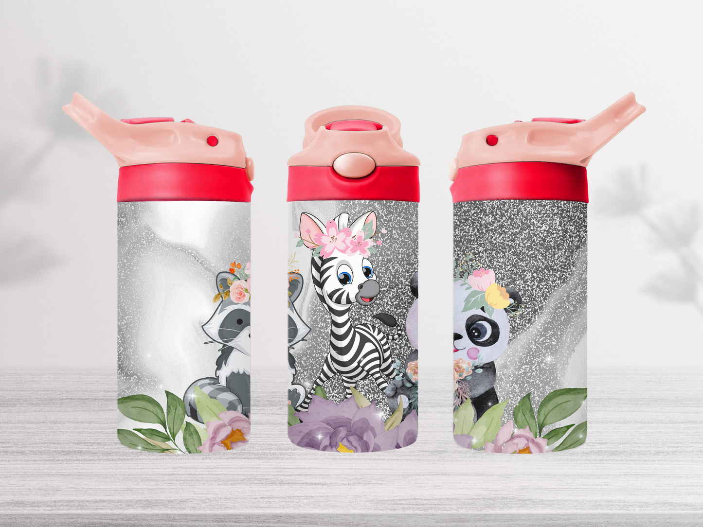 12oz-kids-flip-top-drink-bottle-insulated-water-bottle-drink-bottle-flower-animals-TR-collective-pink-red-lid-front