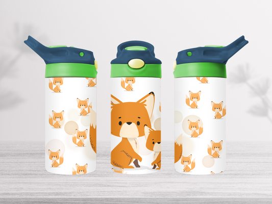 12oz-kids-flip-top-drink-bottle-insulated-water-bottle-drink-bottle-foxes-TR-collective-blue-green-lid-front