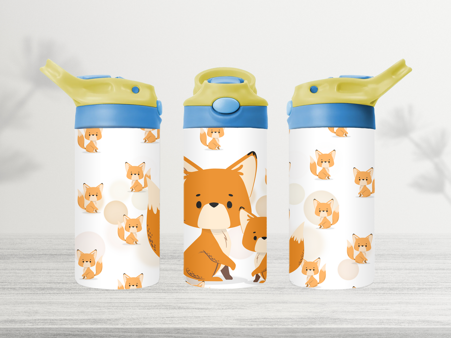 12oz-kids-flip-top-drink-bottle-insulated-water-bottle-drink-bottle-foxes-TR-collective-yellow-blue-lid-front