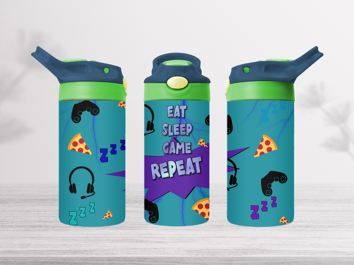 12oz-kids-flip-top-drink-bottle-insulated-water-bottle-drink-bottle-game-repeat-TR-collective-blue-green-lid-front