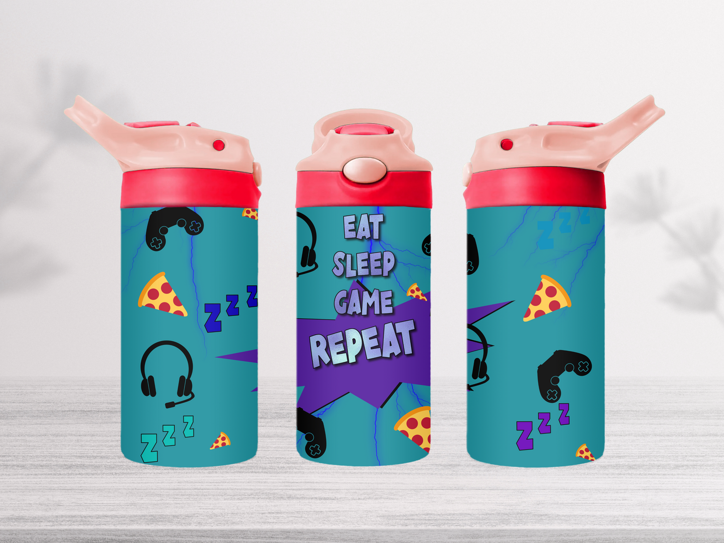 12oz-kids-flip-top-drink-bottle-insulated-water-bottle-drink-bottle-game-repeat-TR-collective-pink-red-lid-front