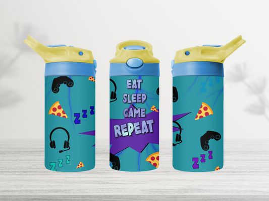 12oz-kids-flip-top-drink-bottle-insulated-water-bottle-drink-bottle-game-repeat-TR-collective-yellow-bule-lid-front