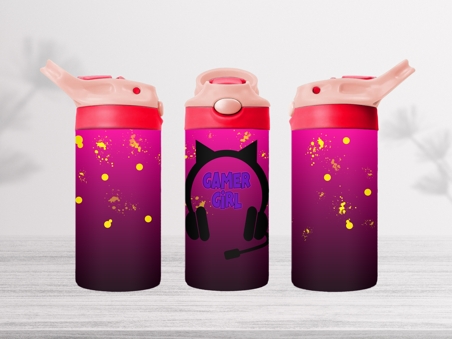 12oz-kids-flip-top-drink-bottle-insulated-water-bottle-drink-bottle-gamer-girl-TR-collective-pink-red-lid-front