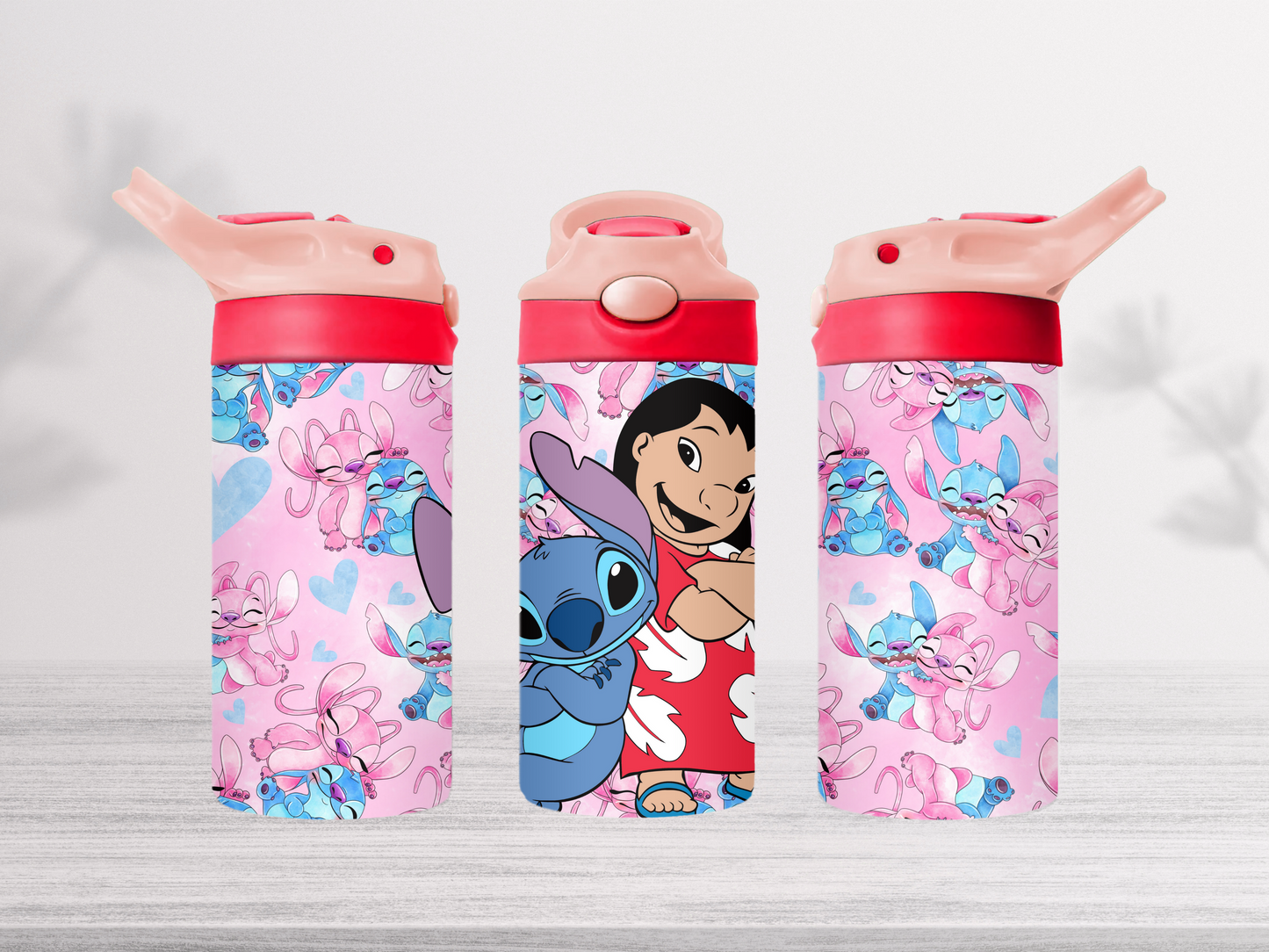 12oz-kids-flip-top-drink-bottle-insulated-water-bottle-drink-bottle-lilo-and-stitch-TR-collective-pink-red-lid-front