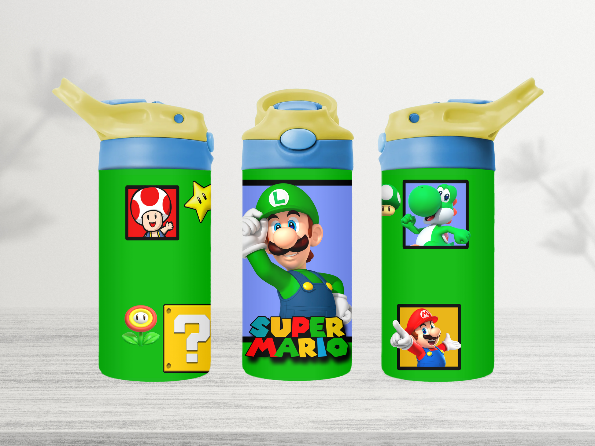 12oz-kids-flip-top-drink-bottle-insulated-water-bottle-drink-bottle-luigi-TR-collective-yellow-blue-lid-front