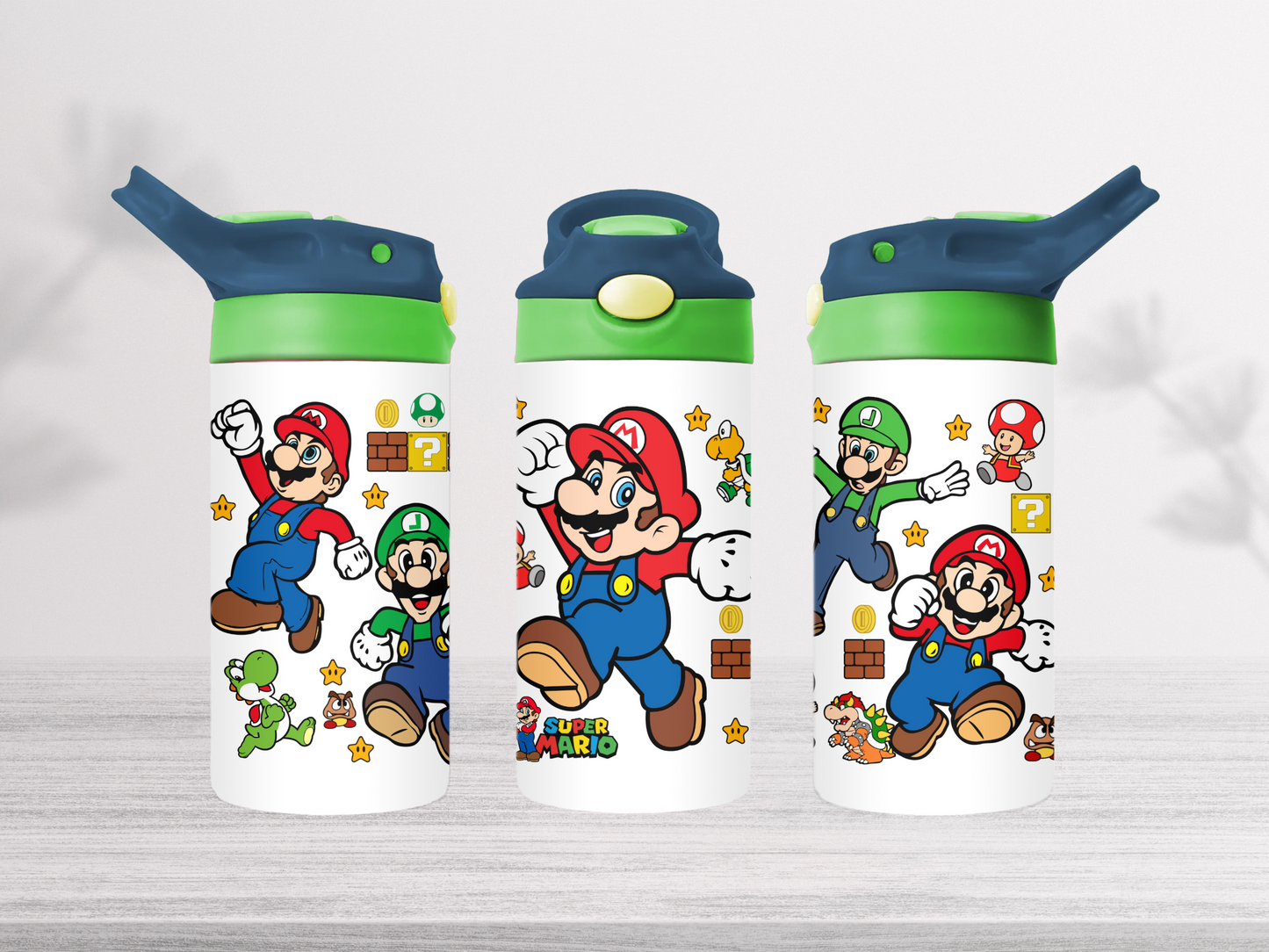 12oz-kids-flip-top-drink-bottle-insulated-water-bottle-drink-bottle-mario-TR-collective-blue-green-lid-front