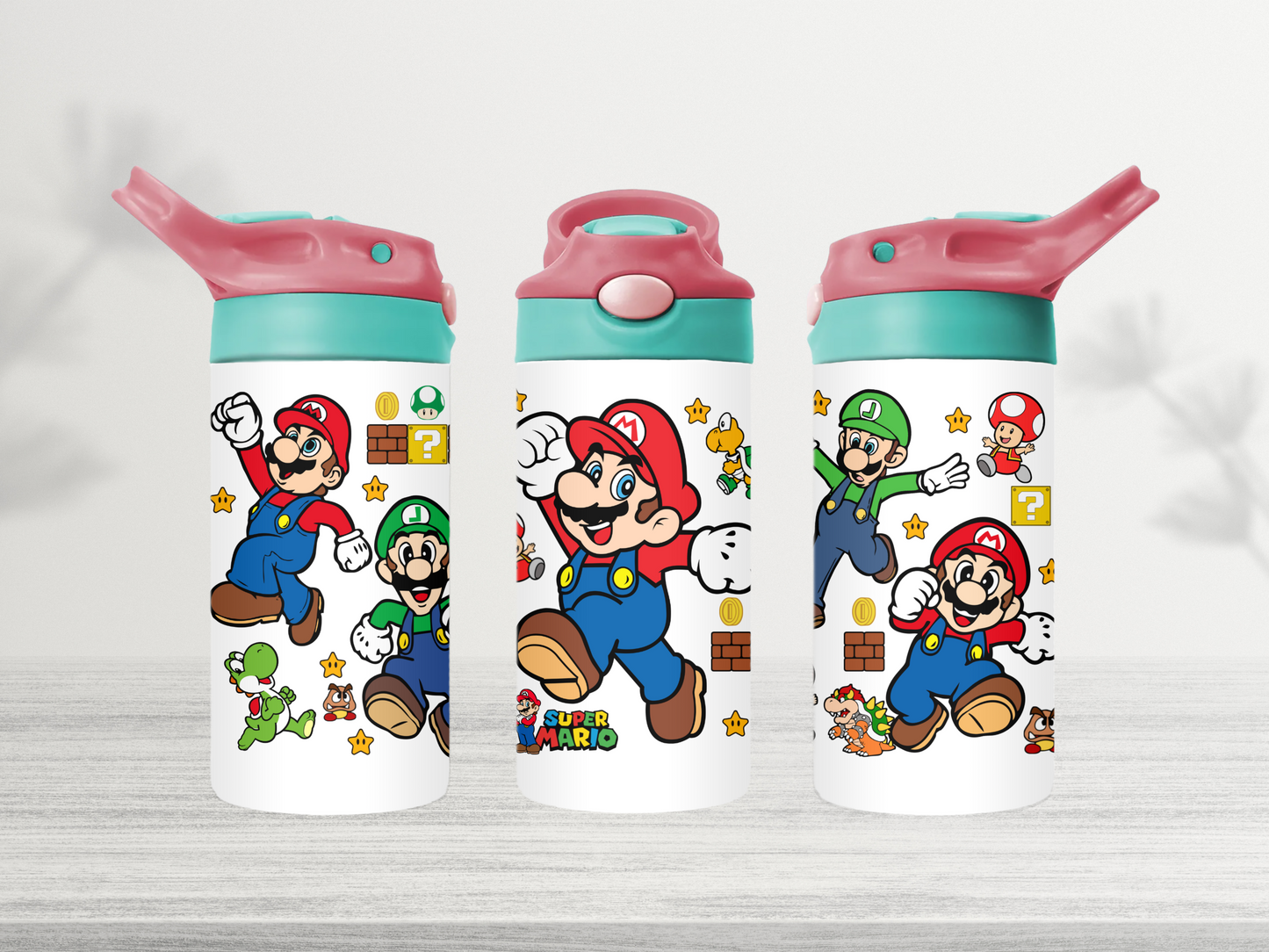 12oz-kids-flip-top-drink-bottle-insulated-water-bottle-drink-bottle-mario-TR-collective-red-green-lid-front