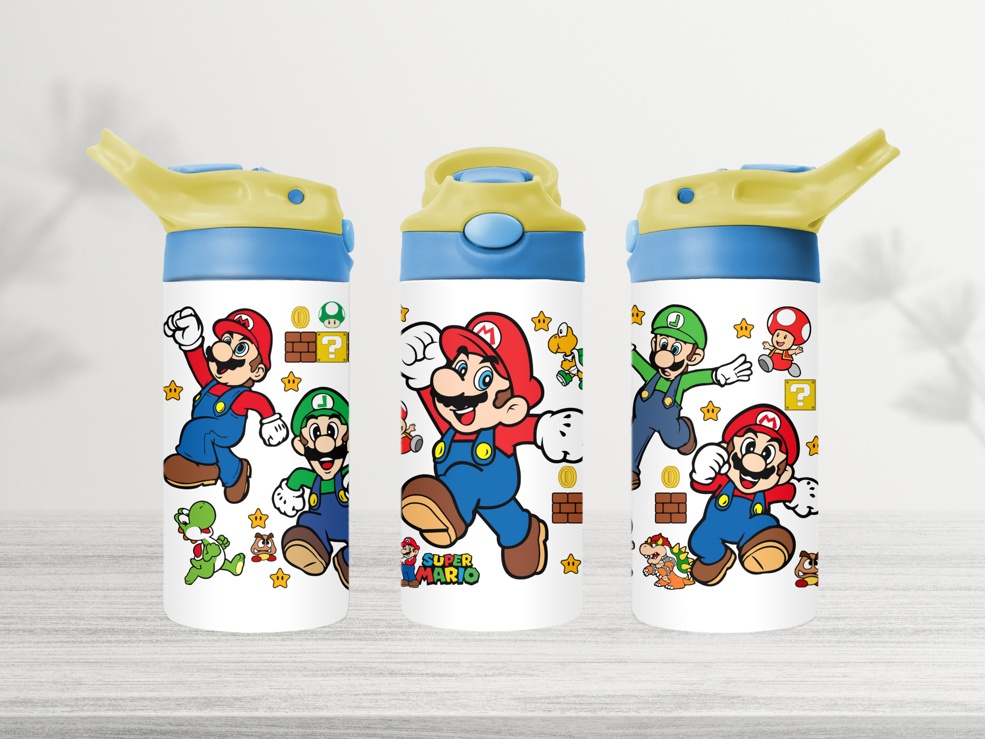 12oz-kids-flip-top-drink-bottle-insulated-water-bottle-drink-bottle-mario-TR-collective-yellow-blue-lid-front