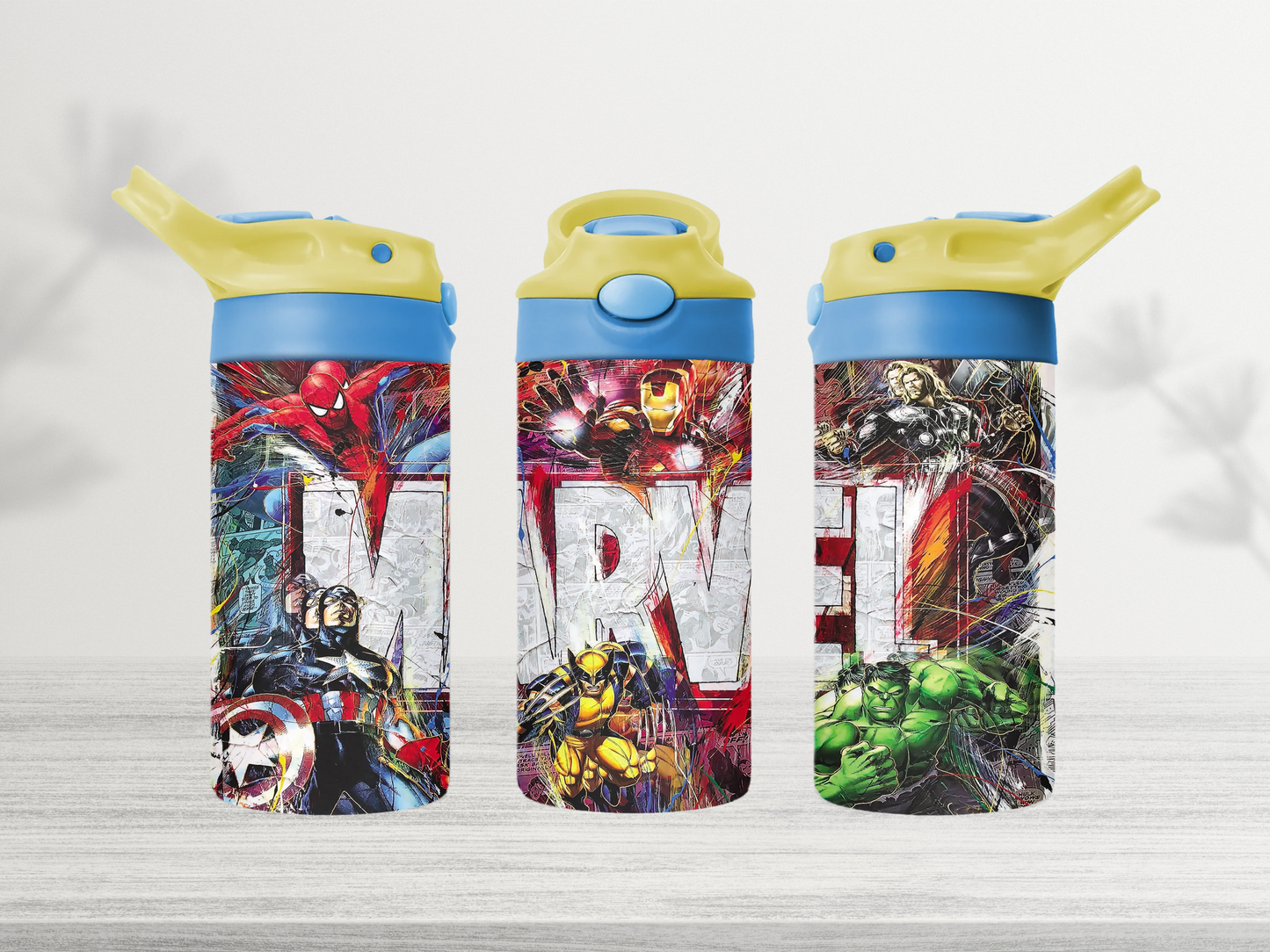 12oz-kids-flip-top-drink-bottle-insulated-water-bottle-drink-bottle-marvel-TR-collective-yellow-blue-lid-front