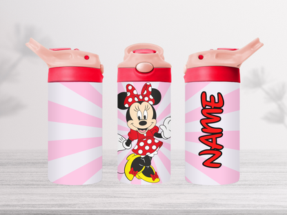 12oz-kids-flip-top-drink-bottle-insulated-water-bottle-drink-bottle-minnie-TR-collective-pink-red-lid-name-front