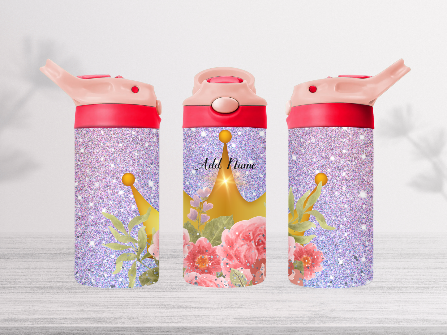 12oz-kids-flip-top-drink-bottle-insulated-water-bottle-drink-bottle-princesse-TR-collective-pink-red-lid-add-name-front