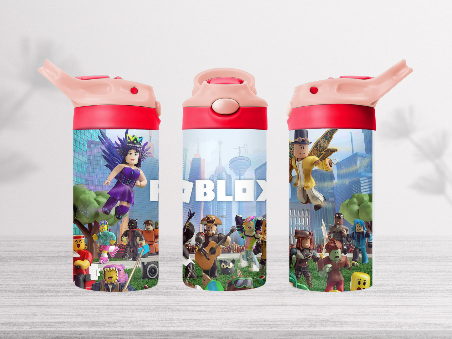 12oz-kids-flip-top-drink-bottle-insulated-water-bottle-drink-bottle-roblox-TR-collective-pink-red-lid-front