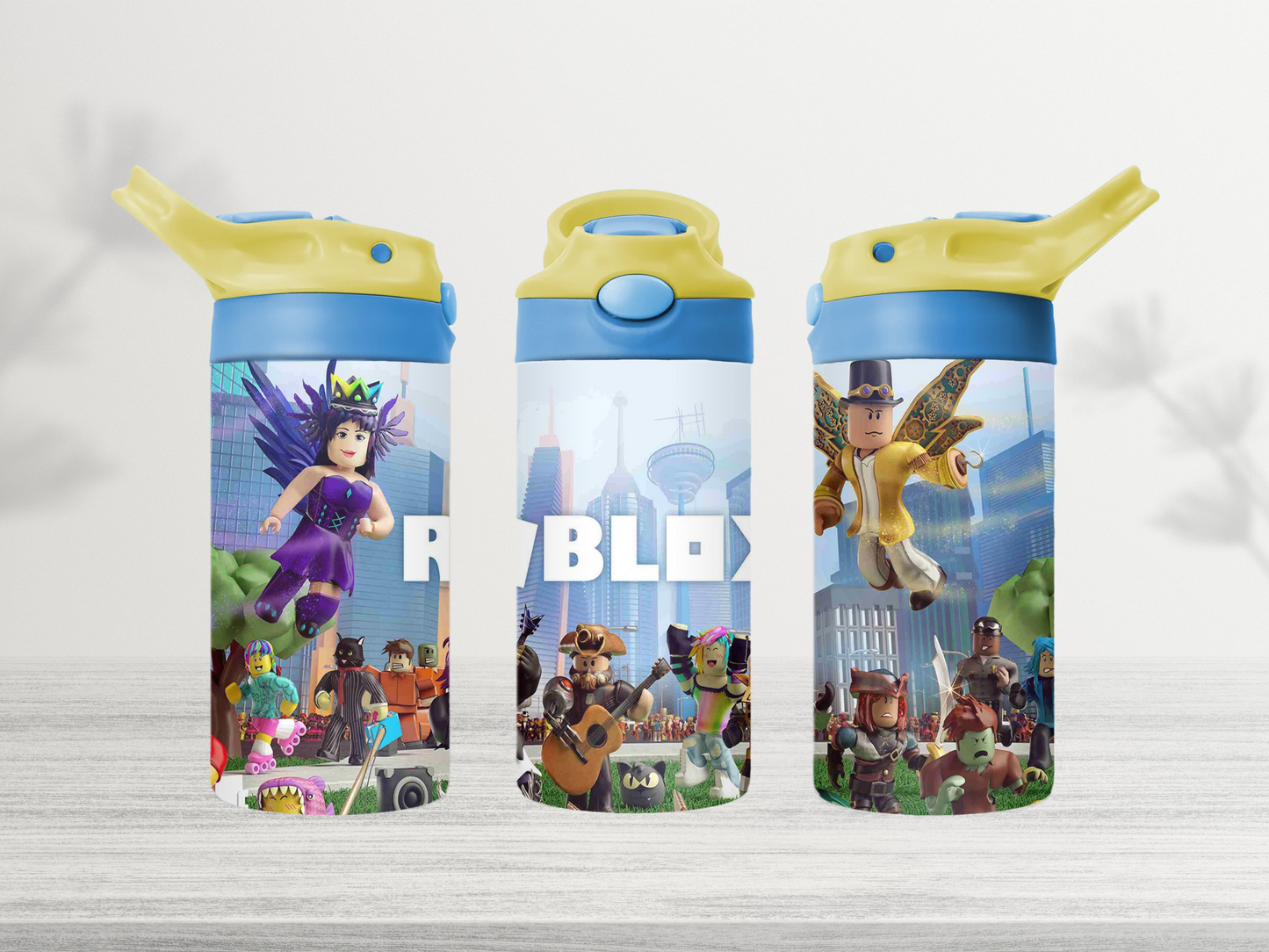 12oz-kids-flip-top-drink-bottle-insulated-water-bottle-drink-bottle-roblox-TR-collective-yellow-blue-lid-front