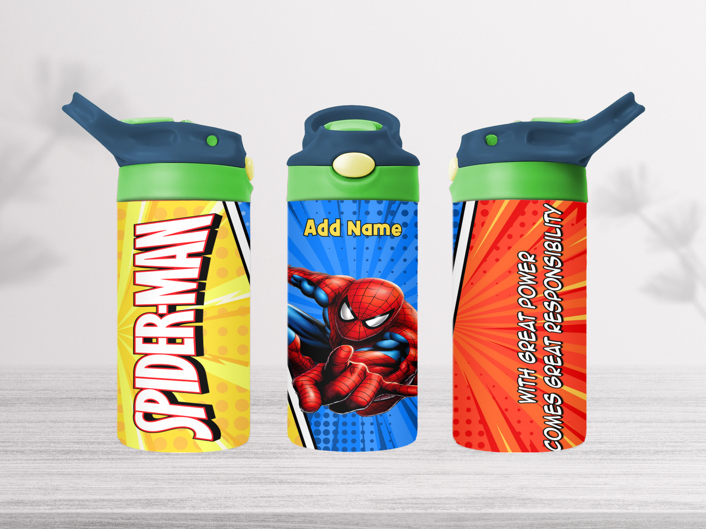 12oz-kids-flip-top-drink-bottle-insulated-water-bottle-drink-bottle-spider-man-2-TR-collective-blue-green-add-lid-add-name-front