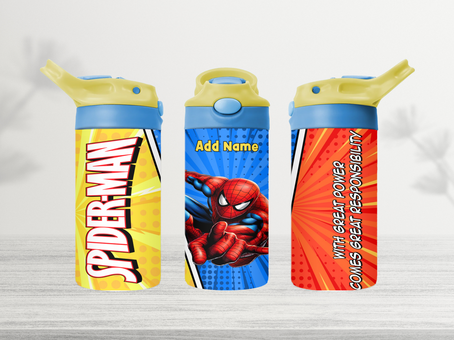 12oz-kids-flip-top-drink-bottle-insulated-water-bottle-drink-bottle-spider-man-2-TR-collective-yellow-blue-lid-add-name-front