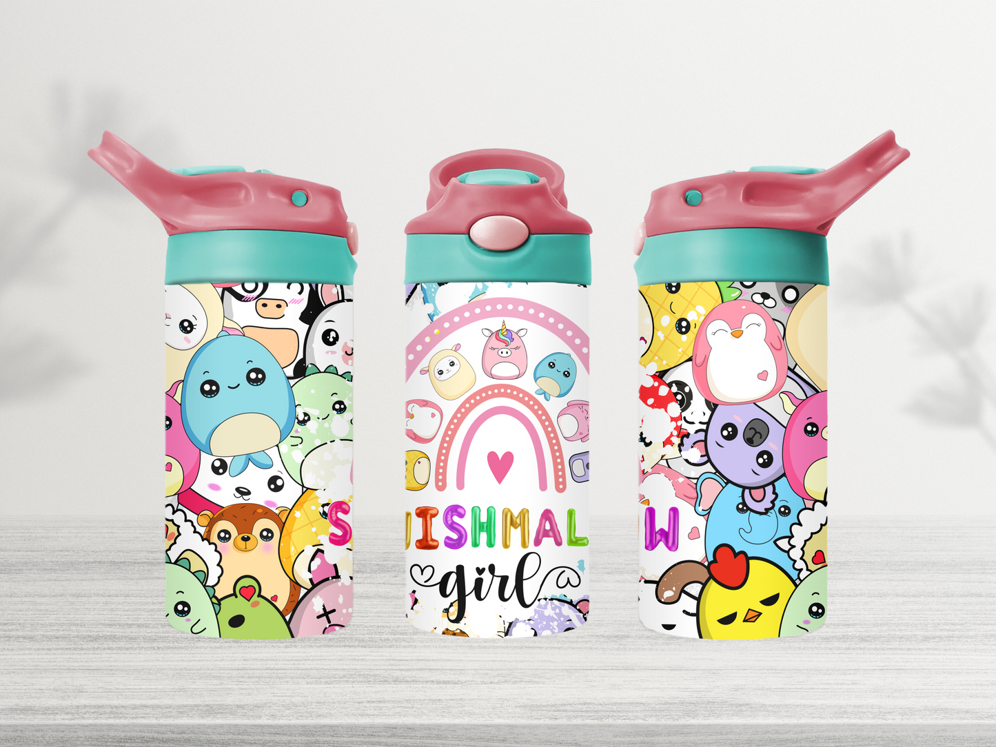 12oz-kids-flip-top-drink-bottle-insulated-water-bottle-drink-bottle-squishmallow-TR-collective-red-green-lid-front