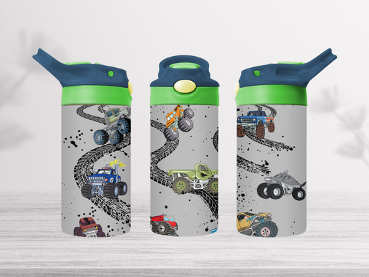 12oz-kids-flip-top-drink-bottle-insulated-water-bottle-drink-bottle-trucks-TR-collective-blue-green-lid-front