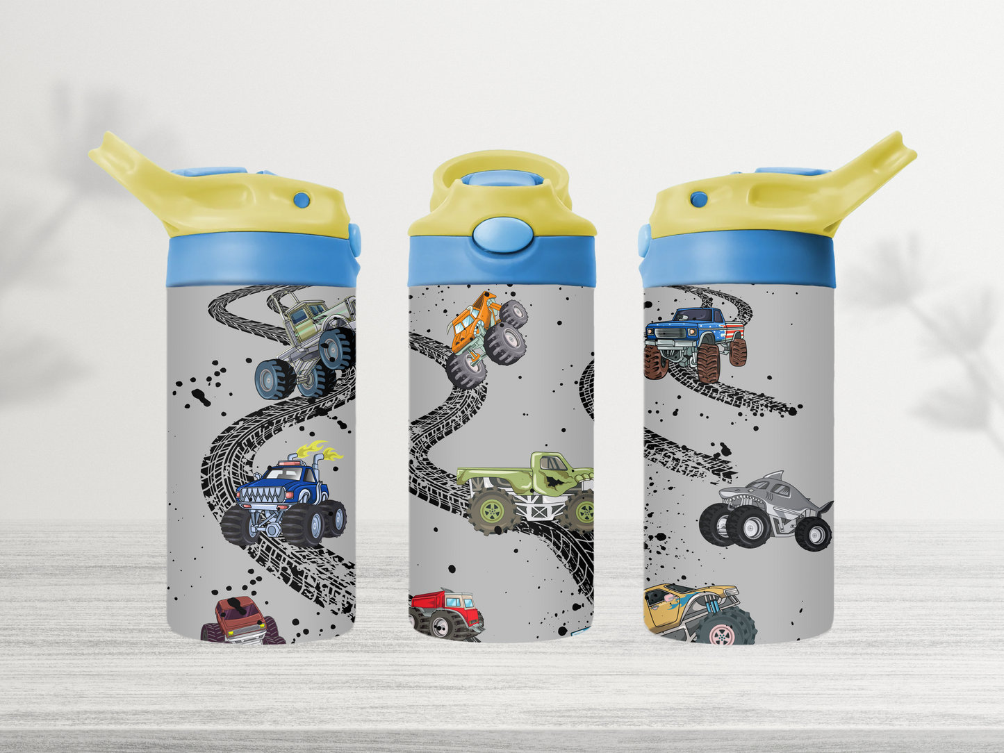 12oz-kids-flip-top-drink-bottle-insulated-water-bottle-drink-bottle-trucks-TR-collective-yellow-blue-lid-front