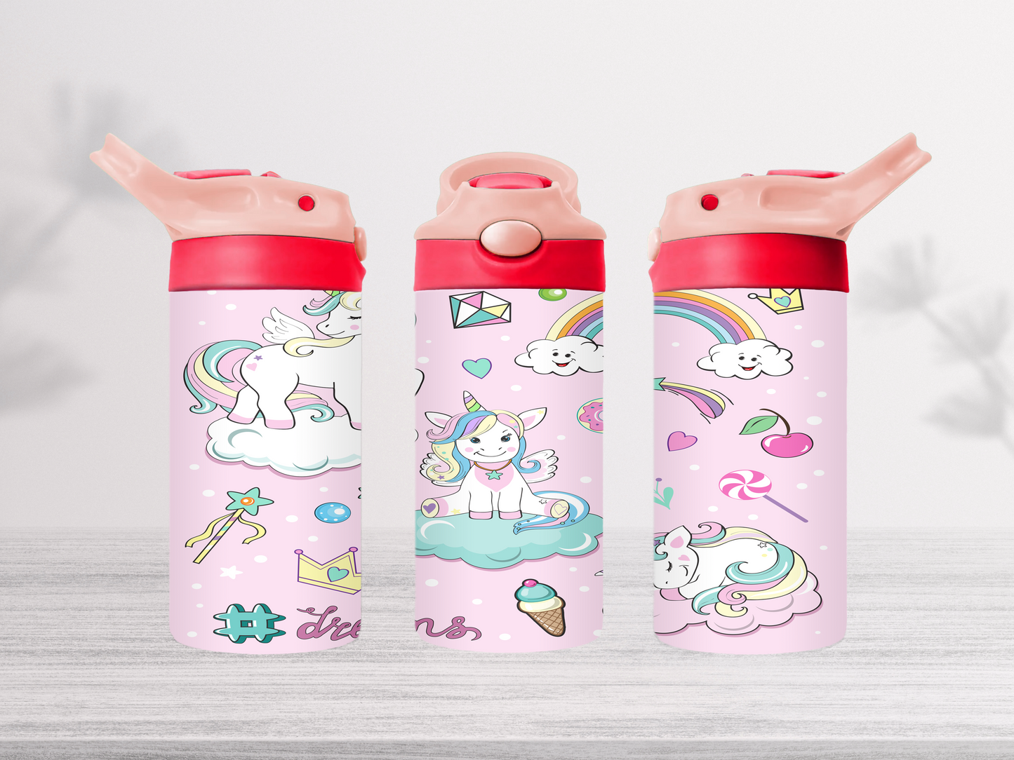 12oz-kids-flip-top-drink-bottle-insulated-water-bottle-drink-bottle-unicorn-rainbow-TR-collective-pink-red-lid-front_28149423-b86d-4f60-8718-53adf6469e4c