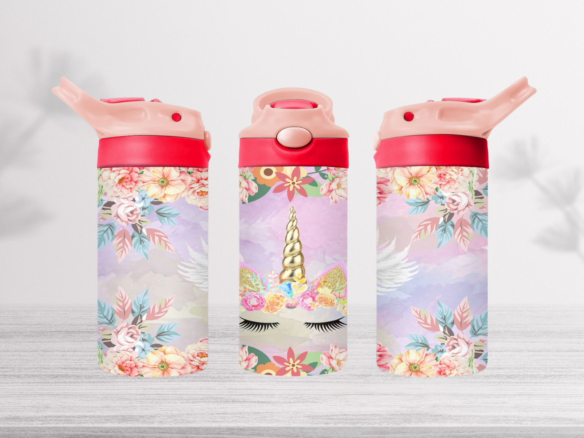 12oz-kids-flip-top-drink-bottle-insulated-water-bottle-drink-bottle-unicorn-wings-TR-collective-pink-red-lid-front