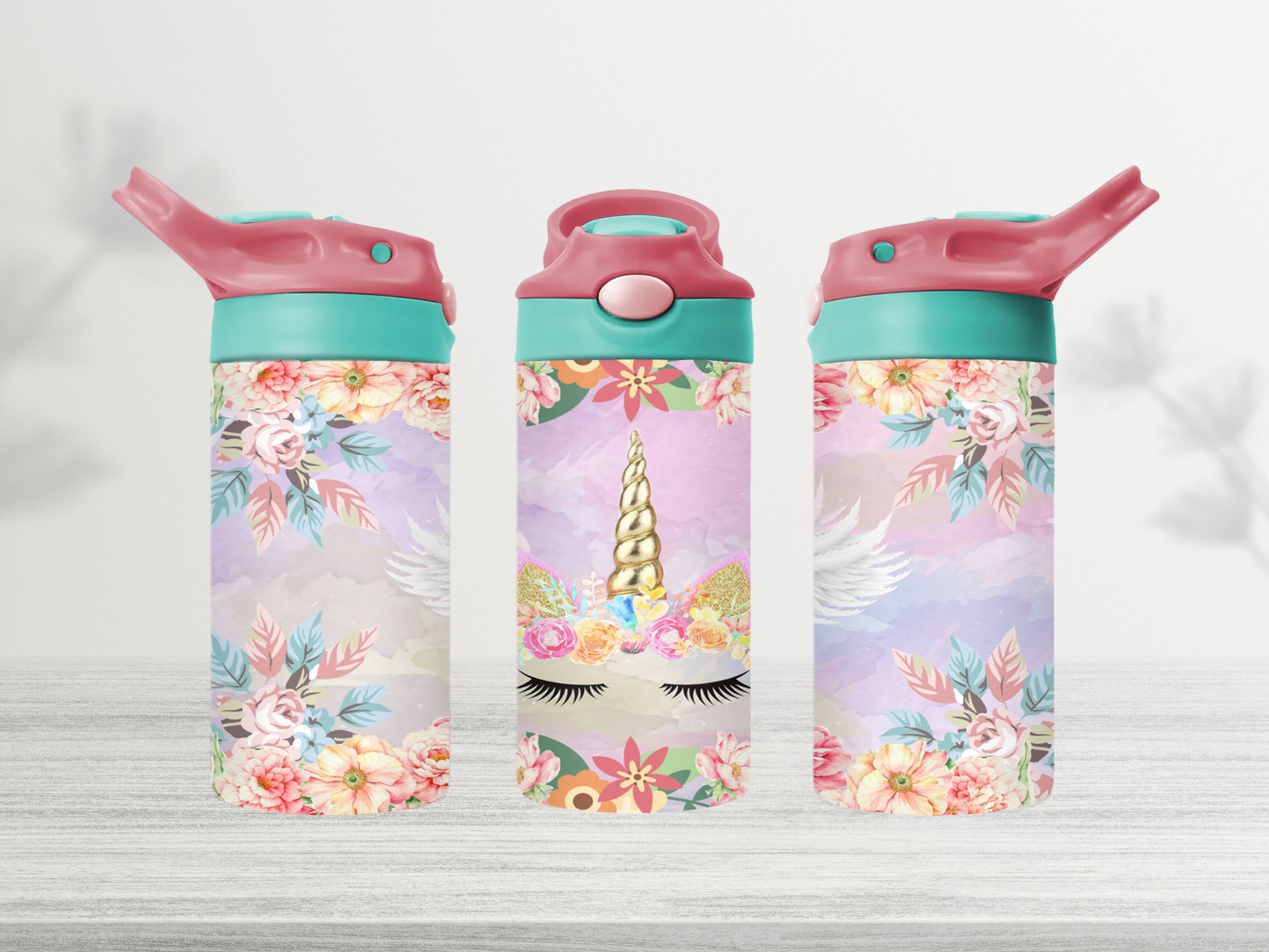 12oz-kids-flip-top-drink-bottle-insulated-water-bottle-drink-bottle-unicorn-wings-TR-collective-red-green-lid-front