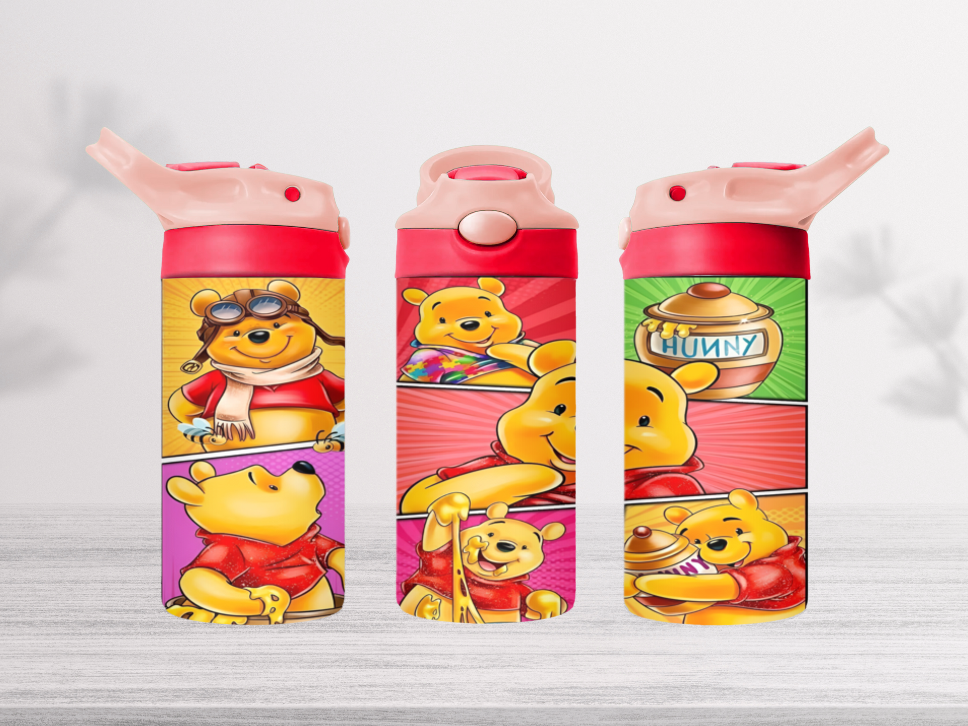 12oz-kids-flip-top-drink-bottle-insulated-water-bottle-drink-bottle-winnie-the-pooh-TR-collective-pink-red-lid-front