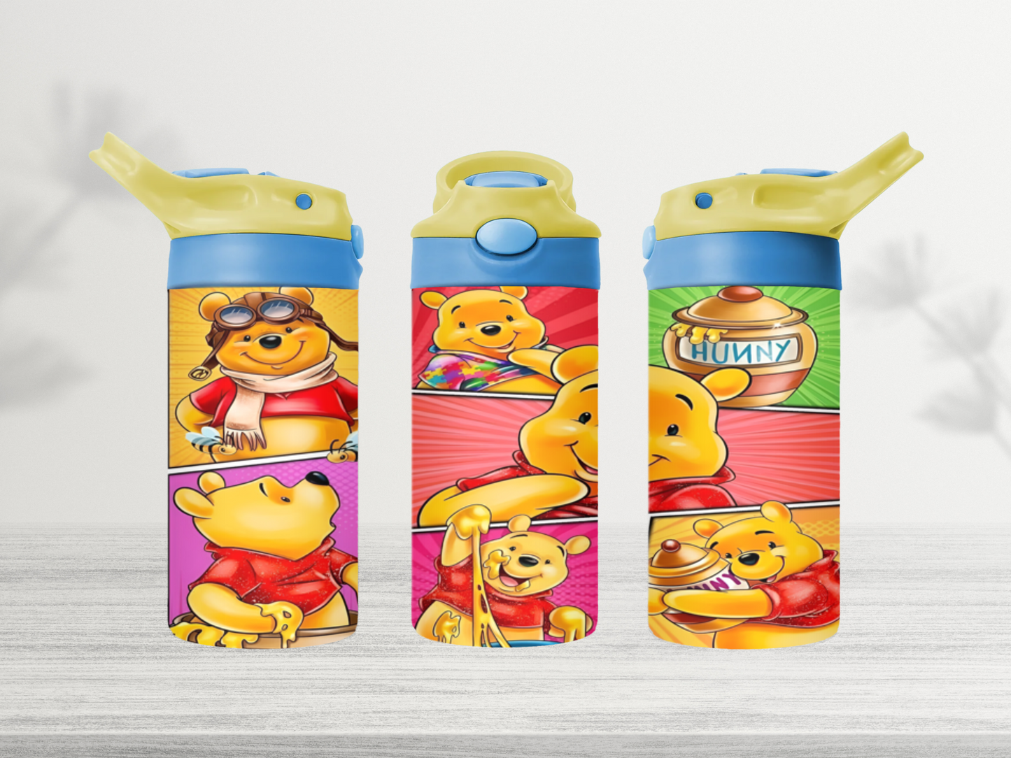 12oz-kids-flip-top-drink-bottle-insulated-water-bottle-drink-bottle-winnie-the-pooh-TR-collective-yellow-blue-lid-front