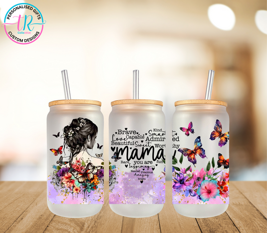 16oz-glass-tumbler-glass-can-glass-tumbler-with-straw-butterfly-mama-TR-collective-front