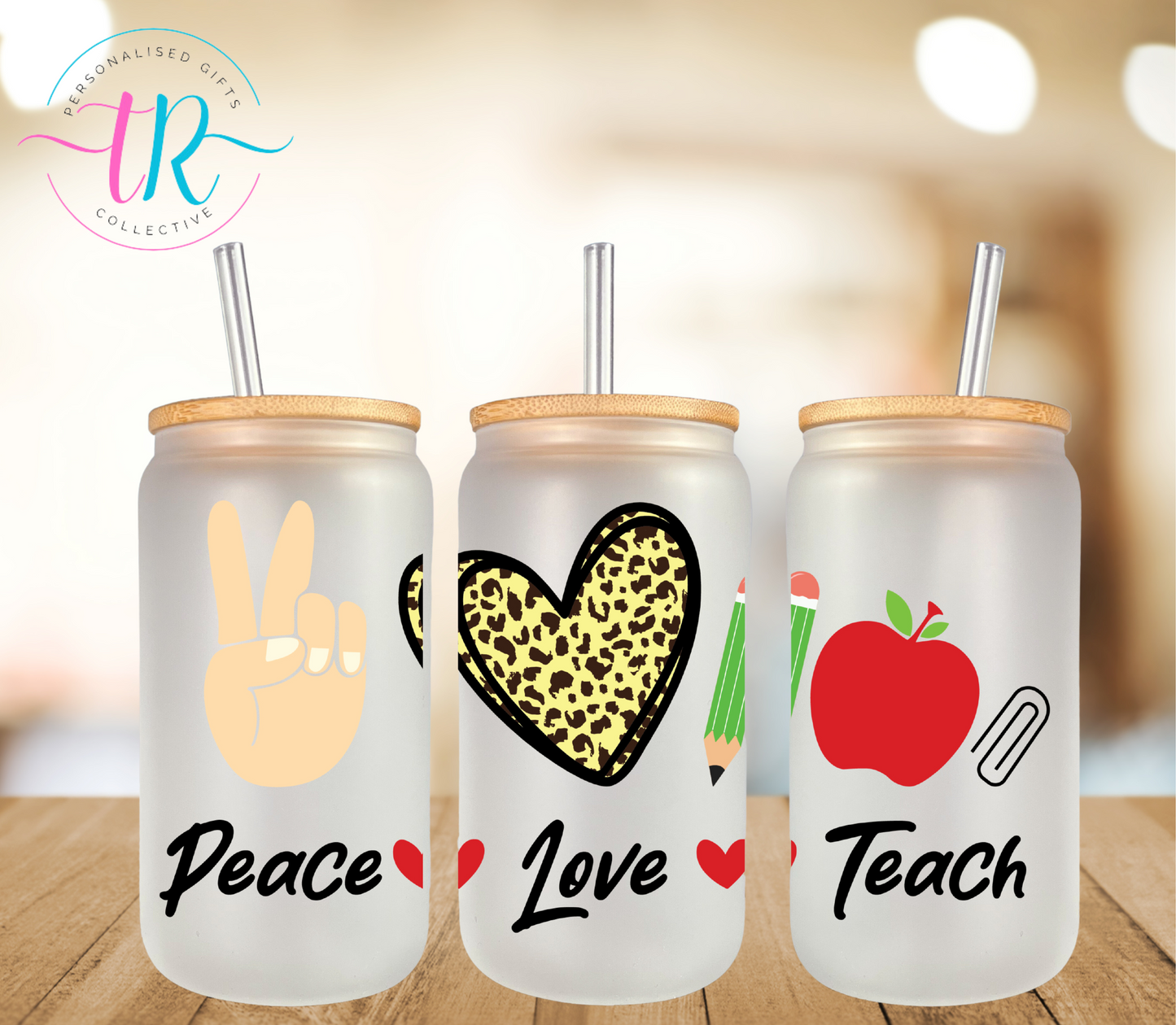 16oz-glass-tumbler-glass-can-glass-tumbler-with-straw-peace-love-teach-TR-collective-front