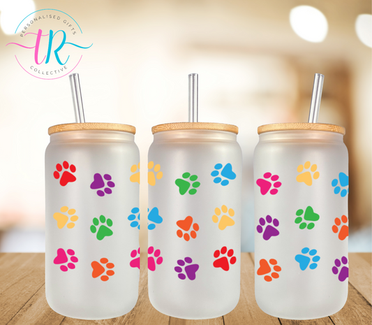 16oz-glass-tumbler-glass-can-glass-tumbler-with-straw-rainbow-paws-TR-collective-front