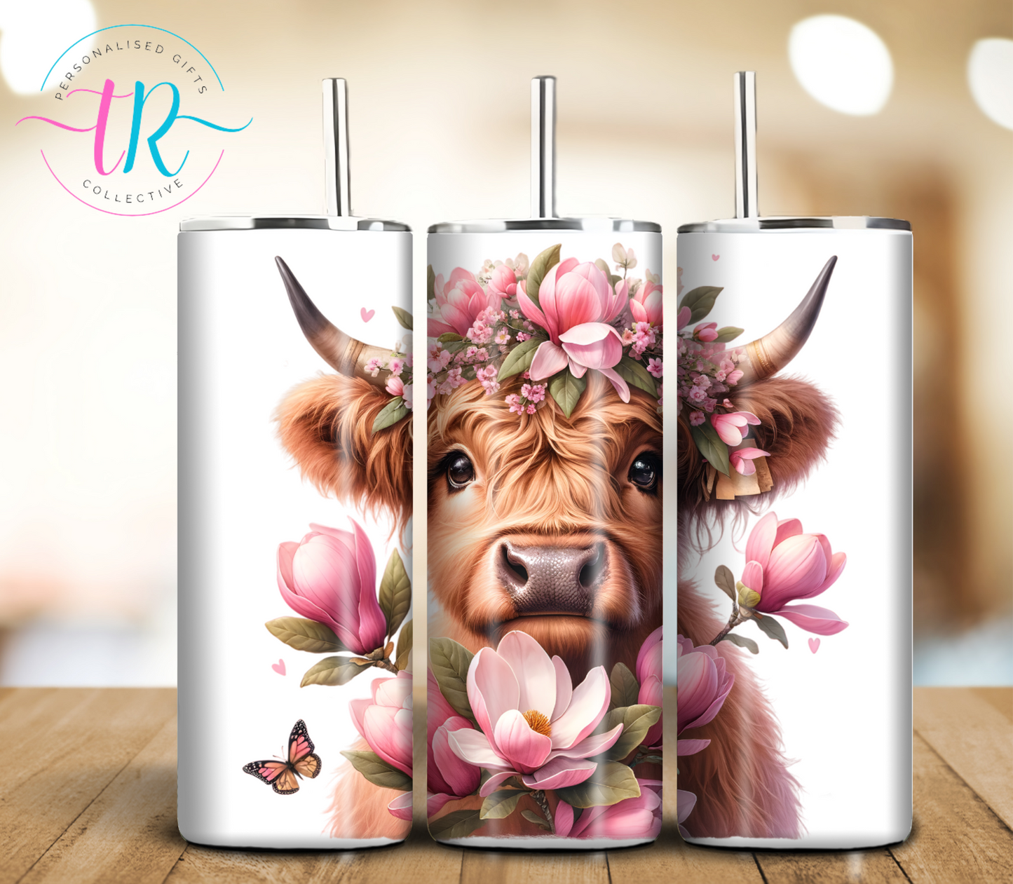 20oz-tumbler-Highland-tumbler-tumbler-cup-Cow-Pink-Flowers-TR-collective-front