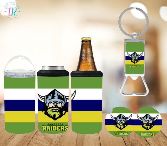 4-in-one-can-cooler-keychain-bottle-opener-coaster-set-Raiders-tr-collective-front