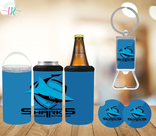 4-in-one-can-cooler-keychain-bottle-opener-coaster-set-Sharks-tr-collective-front