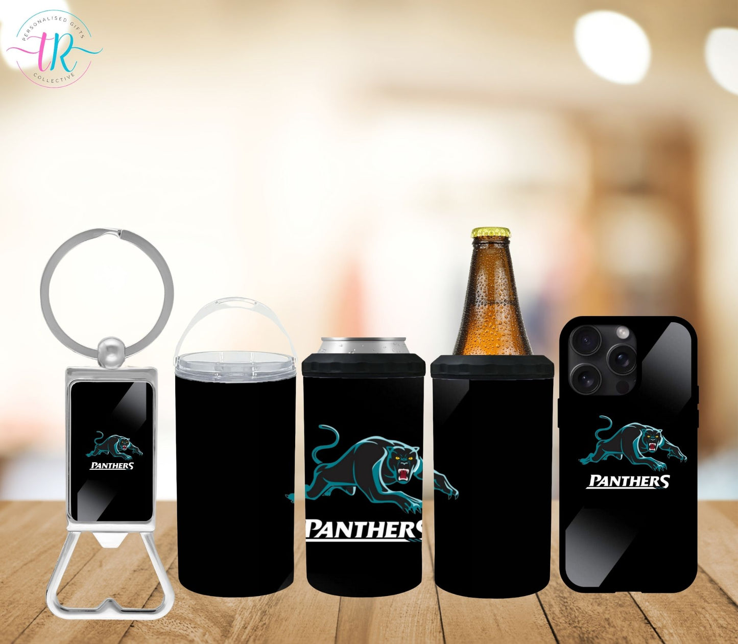 4-in-one-can-cooler-keychain-bottle-opener-phone-case-set-Panthers-tr-collective-front