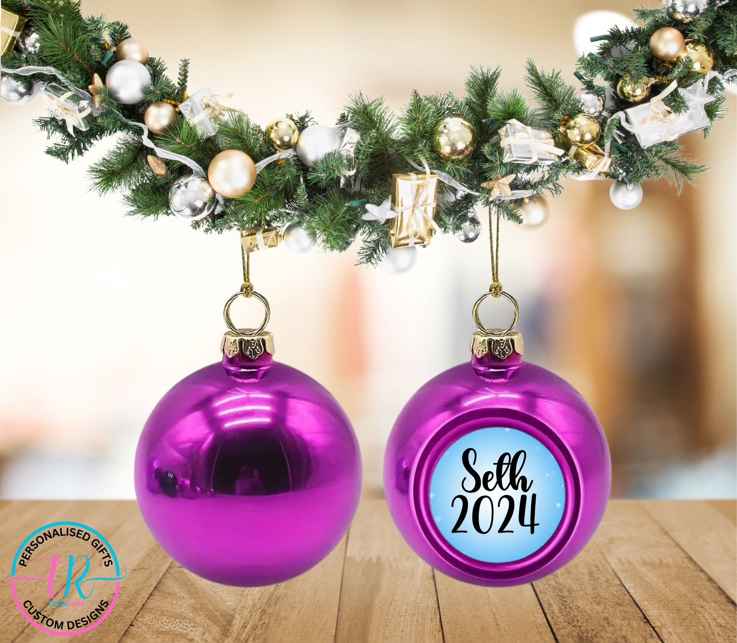 Personalised-christmas-baubles-christmas-balls-personalised-xmas-balls-pruple-TR-Collective-front