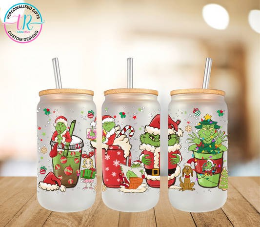 christmas-16oz-glass-tumbler-glass-can-christmas-glass-tumbler-with-straw-grinch-christmas-shakes-TR-collective-front