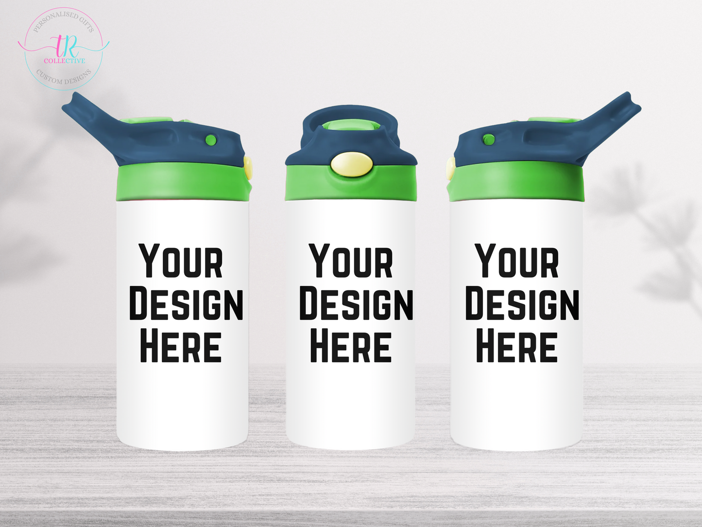 custom-12oz-kids-flip-top-drink-bottle-personalised-drink-bottle-custom-water-bottle-blue-green-lid-TR-collective-front