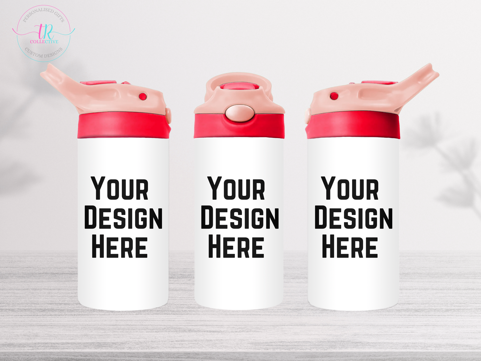 custom-12oz-kids-flip-top-drink-bottle-personalised-drink-bottle-custom-water-bottle-pink-red-lid-TR-collective-front