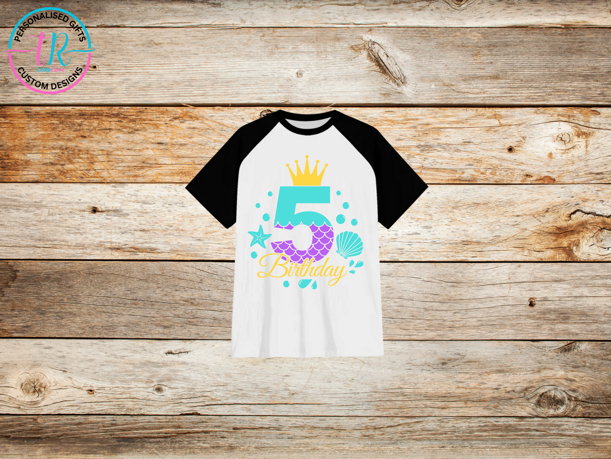 girls-t-shirt-birthday-tees-shirts-mermaid-birthday-number-5-black-sleeve-TR-collective-front