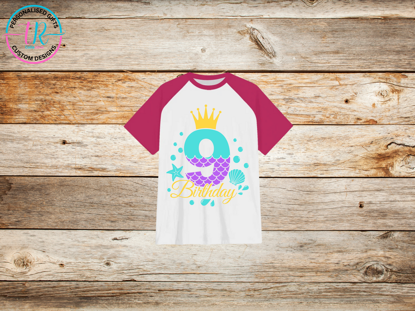 girls-t-shirt-birthday-tees-shirts-mermaid-birthday-number-9-pink-sleeve-TR-collective-front