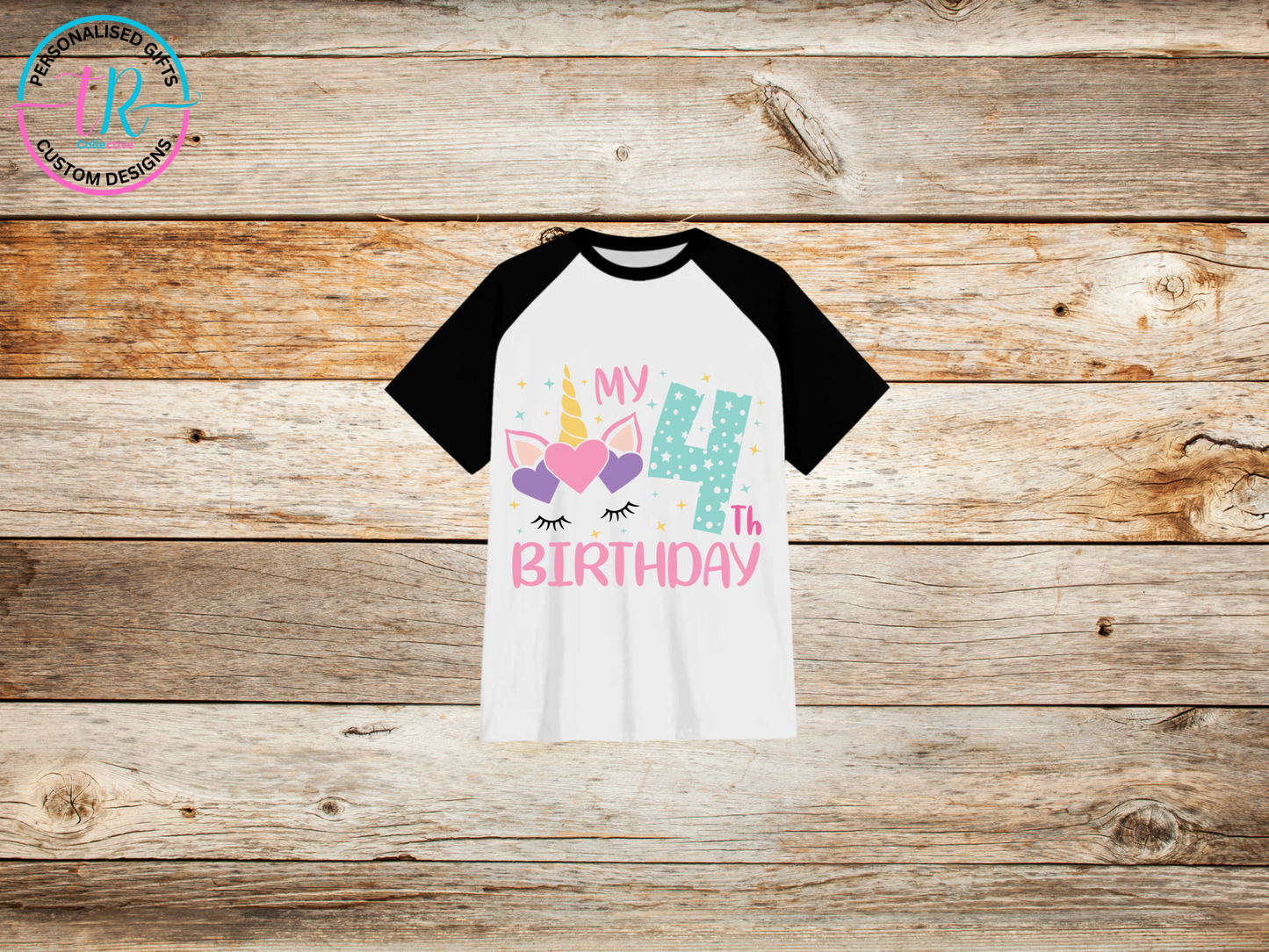 girls-t-shirt-birthday-tees-shirts-unicorn-birthday-number-4-black-sleeve-TR-collective-front