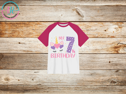 girls-t-shirt-birthday-tees-shirts-unicorn-birthday-number-7-pink-sleeve-TR-collective-front