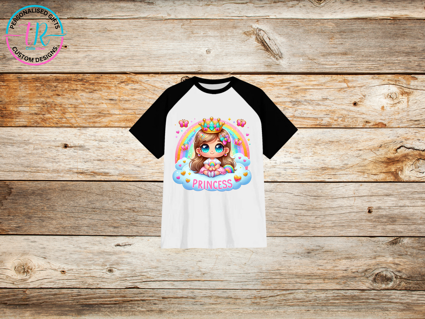 girls-t-shirt-graphic-tees-shirts-rainbow-princess-black-sleeve-TR-collective-front